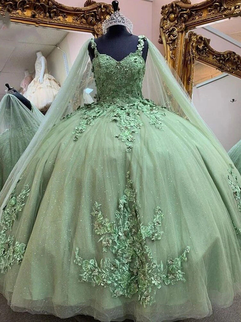 MisShow Exquisite Sage Green Tulle Quinceanera Dress Strapless Ball Gown with Delicate Lace Appliques for Sweet 16