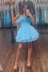Misshow Fluffy Blue A-Line Strapless Ruffled Short Homecoming Dress/Mini Dress