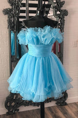 Misshow Fluffy Blue A-Line Strapless Ruffled Short Homecoming Dress/Mini Dress