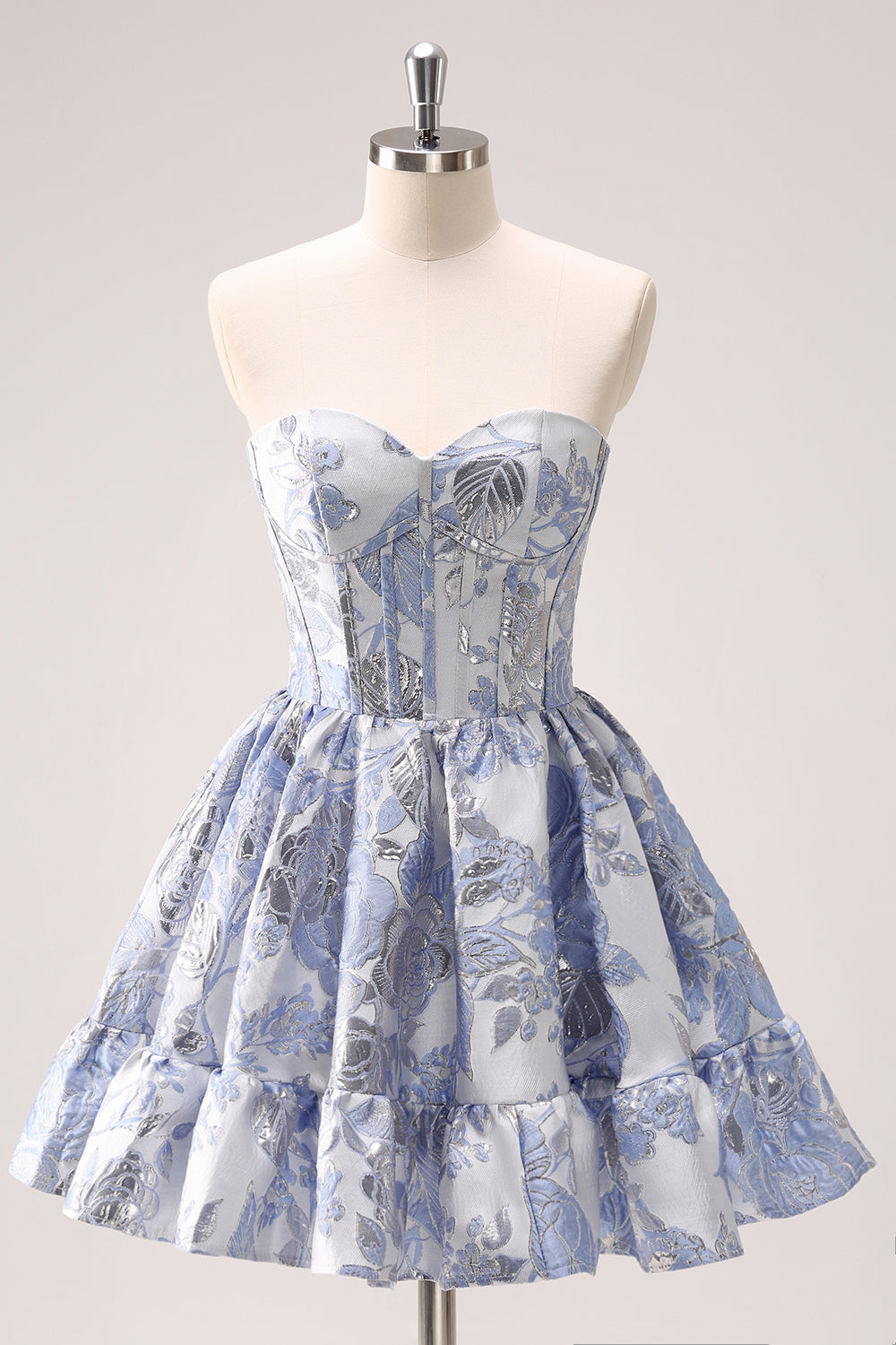 Misshow Fluffy Blue Floral Corset Strapless A Line Short Homecoming Dress/Mini Dress