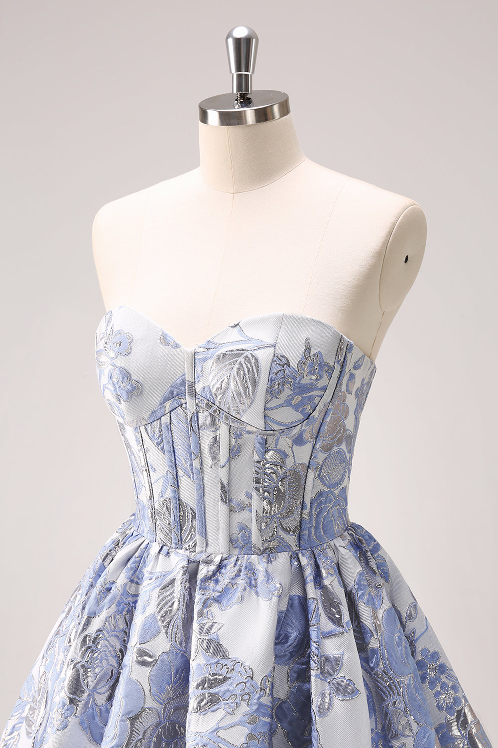 Misshow Fluffy Blue Floral Corset Strapless A Line Short Homecoming Dress/Mini Dress