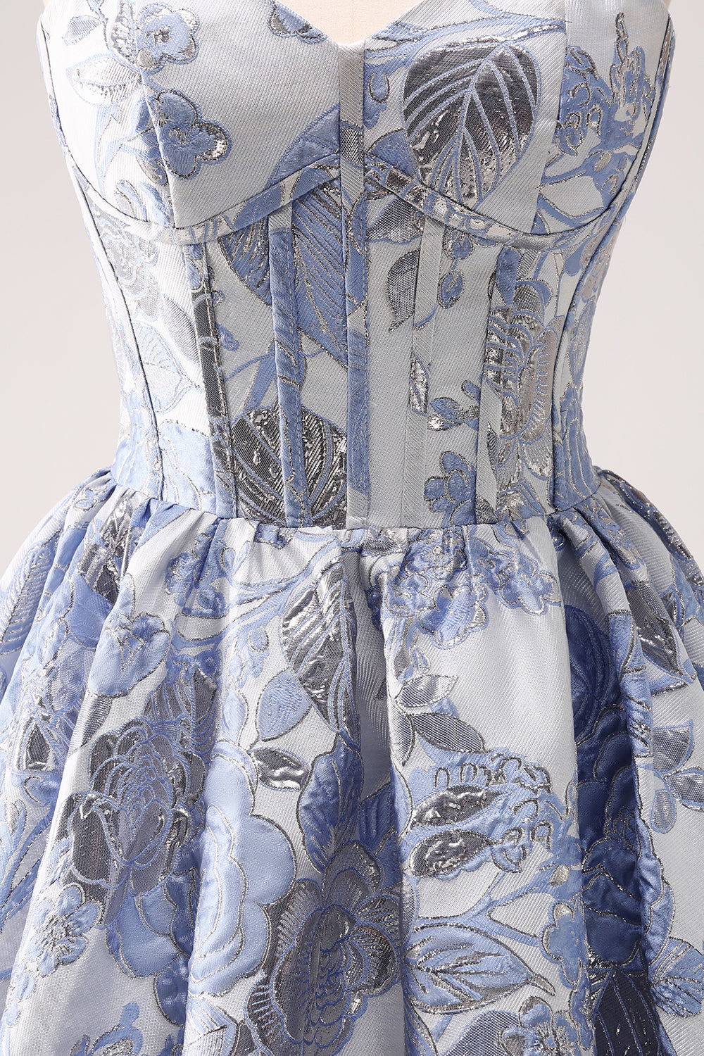 Misshow Fluffy Blue Floral Corset Strapless A Line Short Homecoming Dress/Mini Dress
