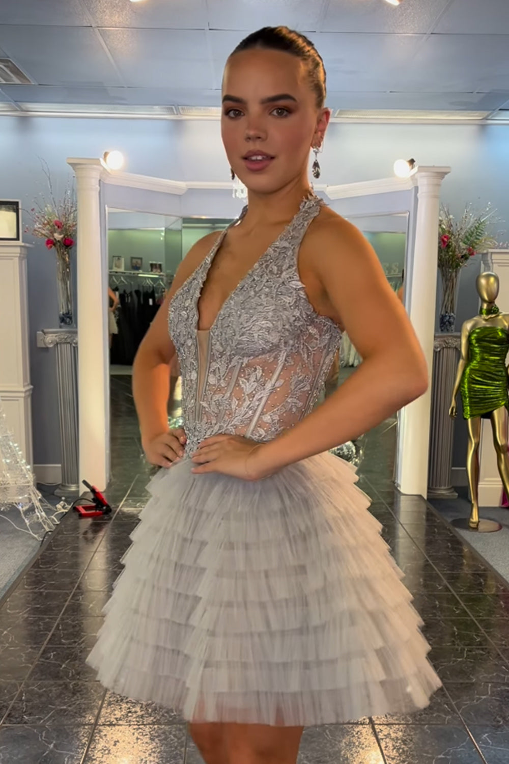 Misshow Fluffy Light Blue A Line Halter Tiered Short Corset Homecoming Dress/Mini Dress