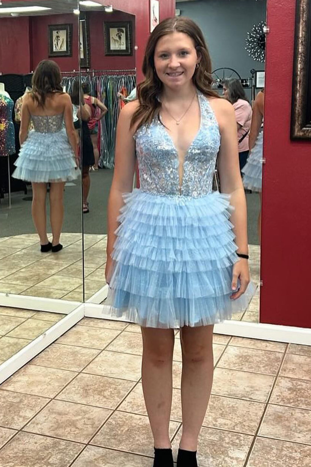 Misshow Fluffy Light Blue A Line Halter Tiered Short Corset Homecoming Dress/Mini Dress