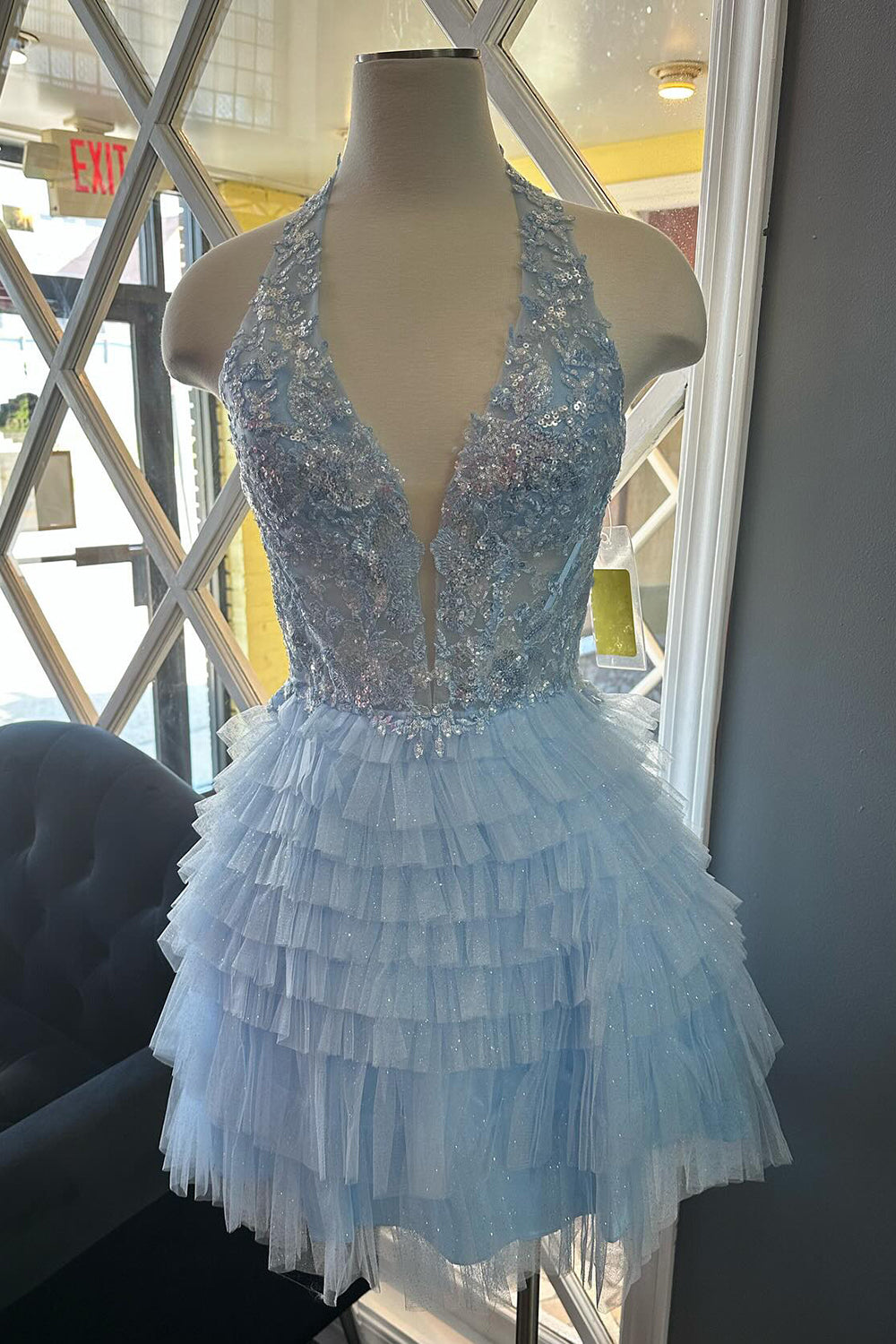 Misshow Fluffy Light Blue A Line Halter Tiered Short Corset Homecoming Dress/Mini Dress