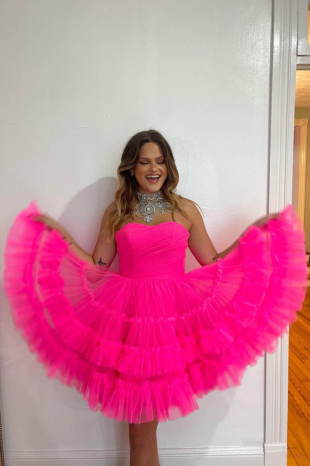 Misshow Fuchsia A-Line Sweetheart Tulle Tiered Corset Short Homecoming Dress/Mini Dress