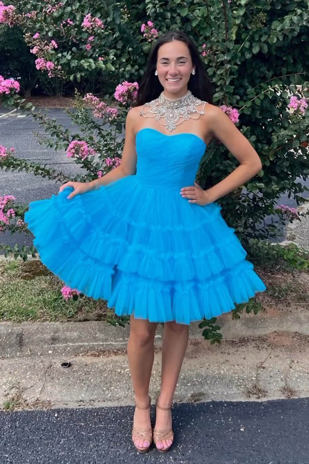 Misshow Fuchsia A-Line Sweetheart Tulle Tiered Corset Short Homecoming Dress/Mini Dress