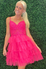 Misshow Fuchsia A Line Tiered Corset Short Homecoming Dress/Mini Dress With Appliques