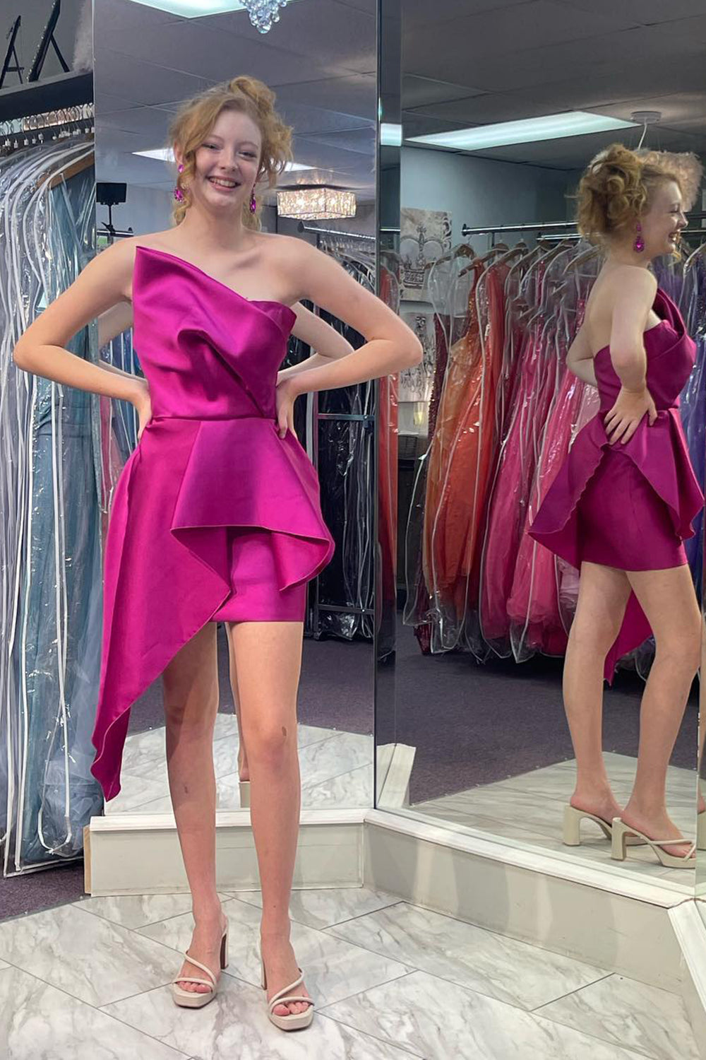Misshow Fuchsia Asymmetrical Satin Tight Short Homecoming