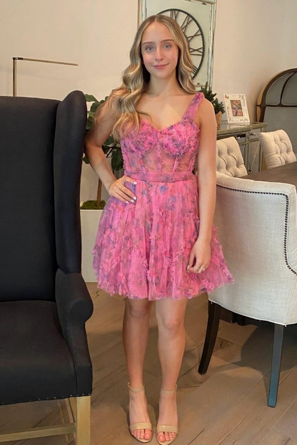 Misshow Fuchsia Corset A Line Floral Short Homecoming Dress/Mini Dress