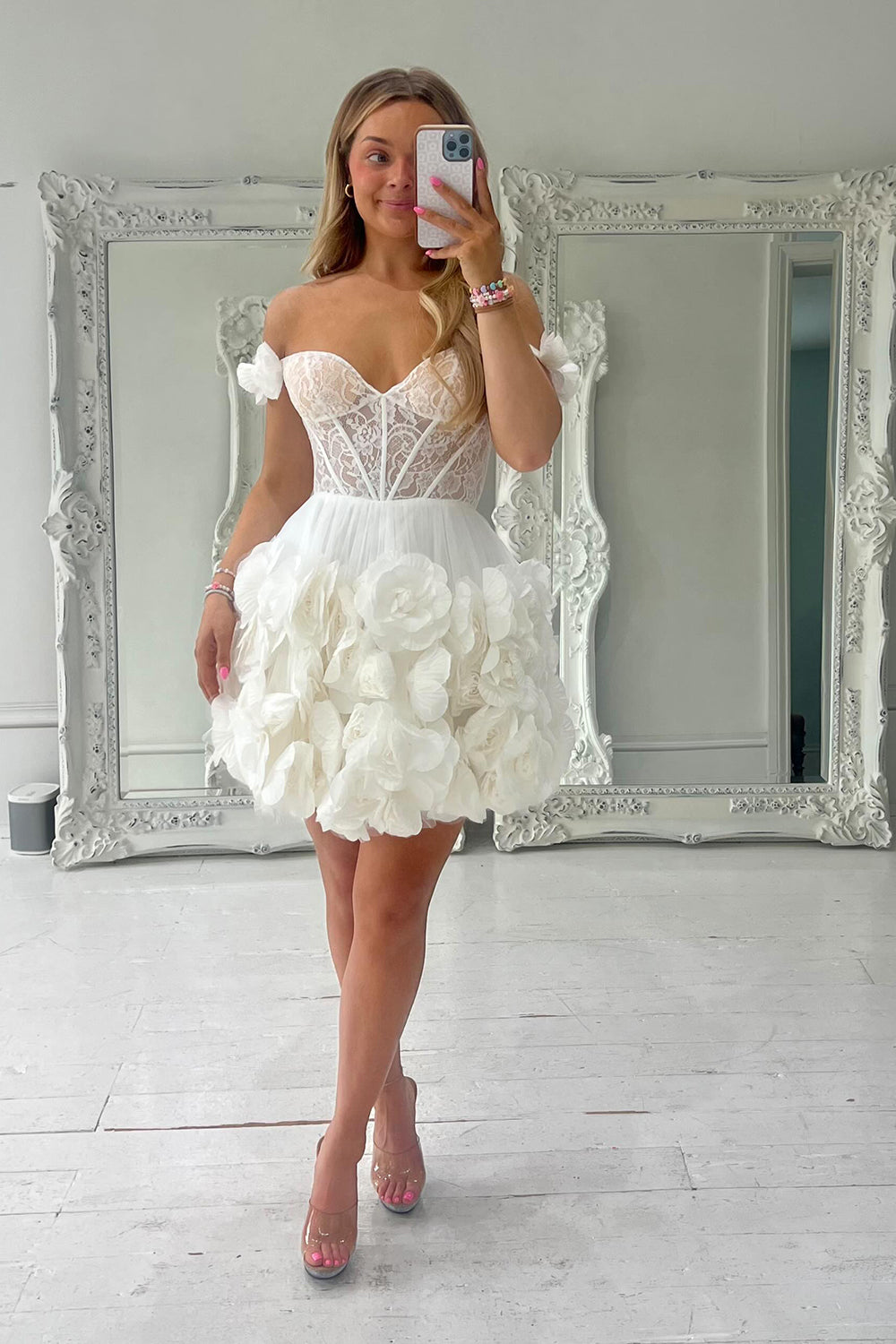 Misshow Fuchsia Corset Floral Ruffled Short Homecoming Dress/Mini Dress with Lace