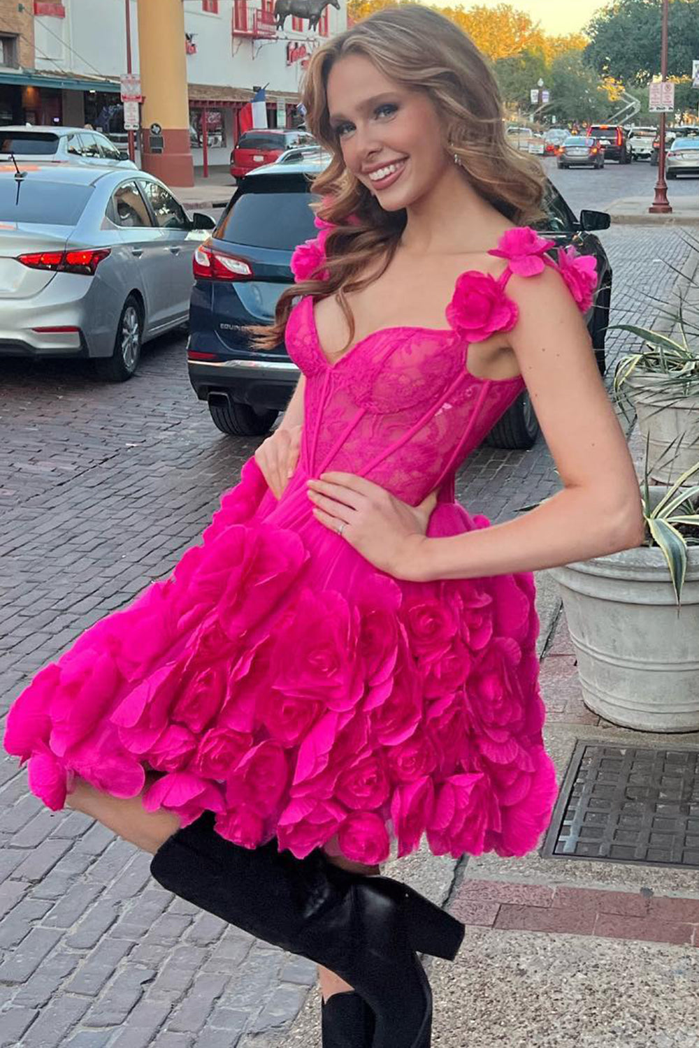 Misshow Fuchsia Corset Floral Ruffled Short Homecoming Dress/Mini Dress with Lace