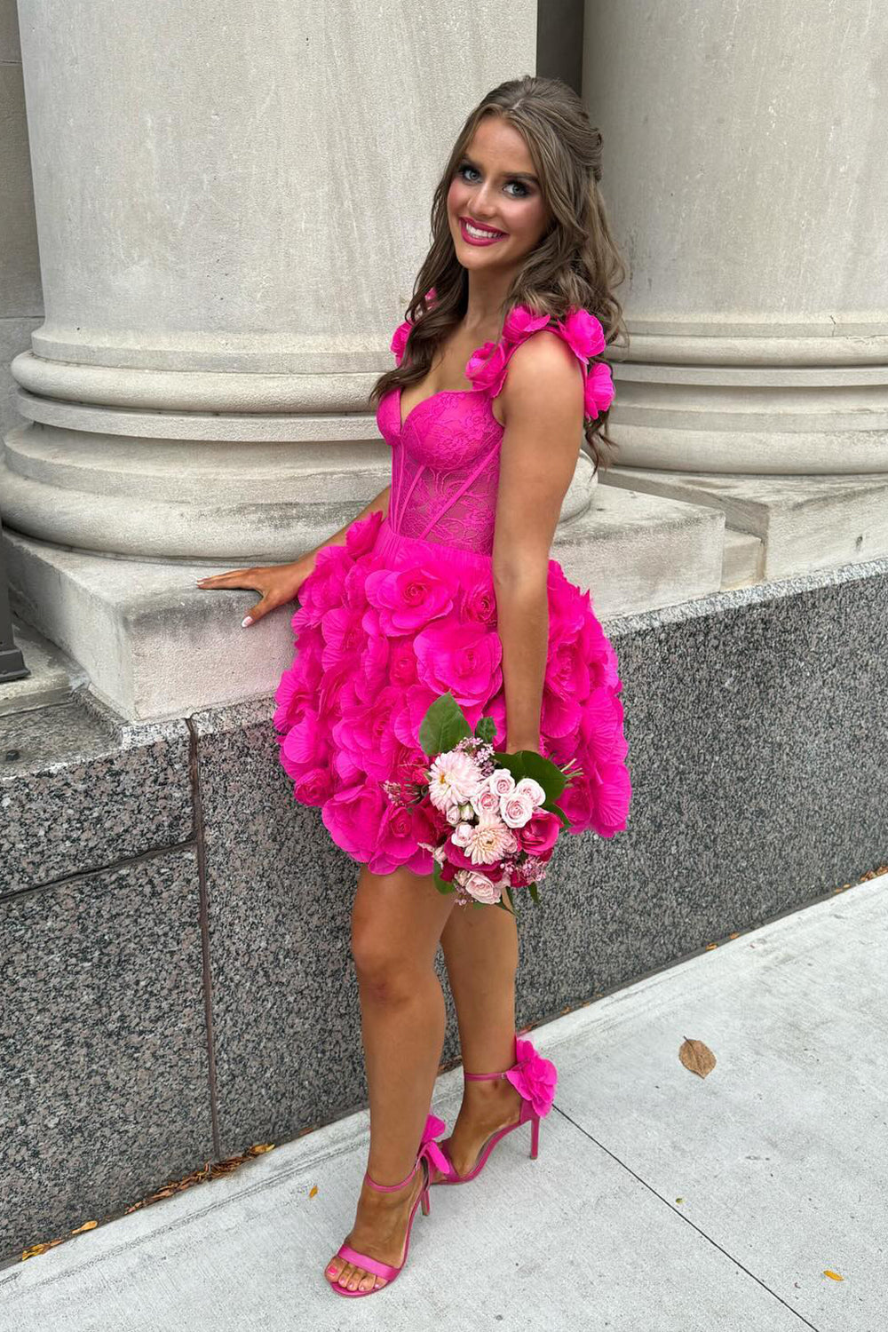 Misshow Fuchsia Corset Floral Ruffled Short Homecoming Dress/Mini Dress with Lace