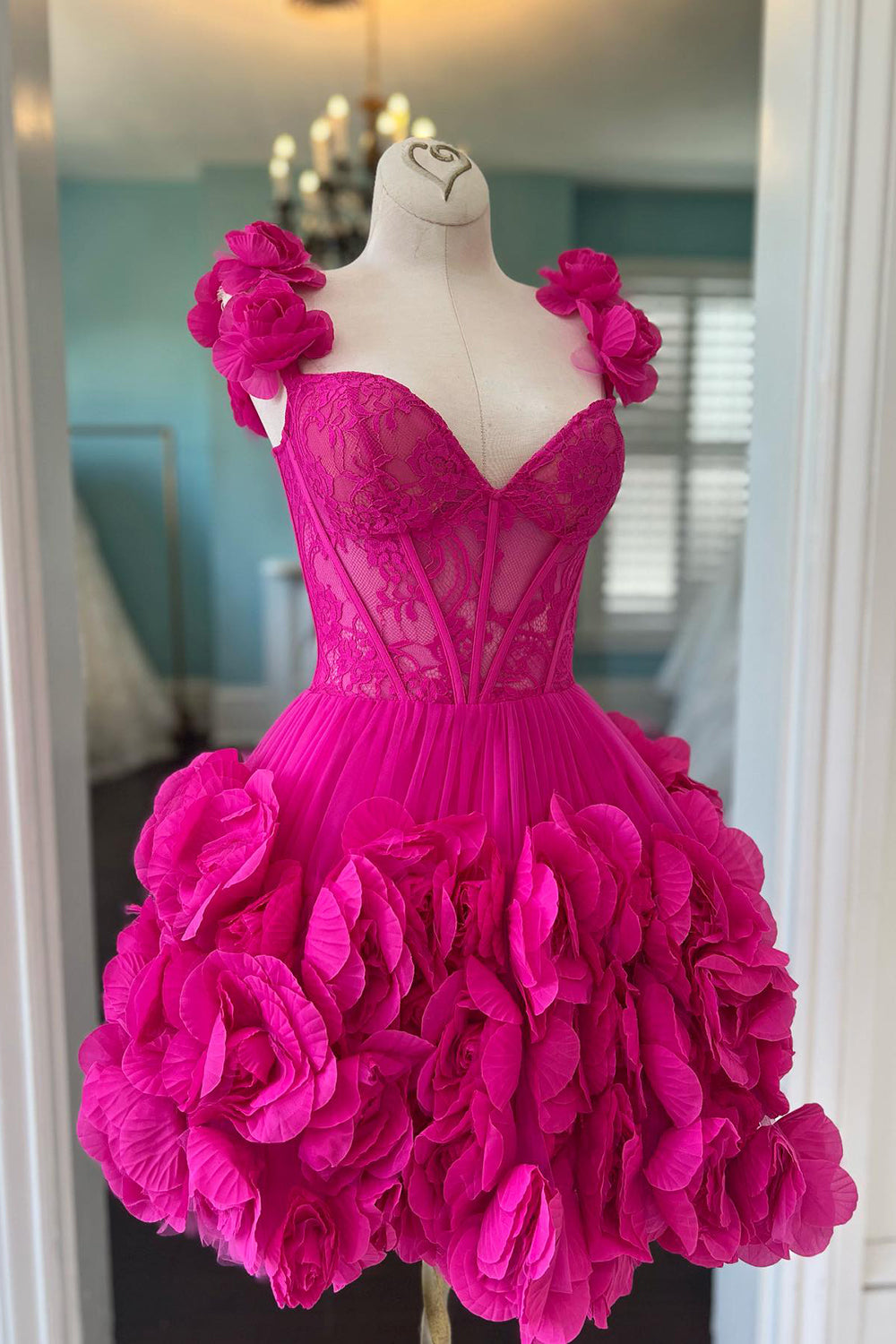 Misshow Fuchsia Corset Floral Ruffled Short Homecoming Dress/Mini Dress with Lace