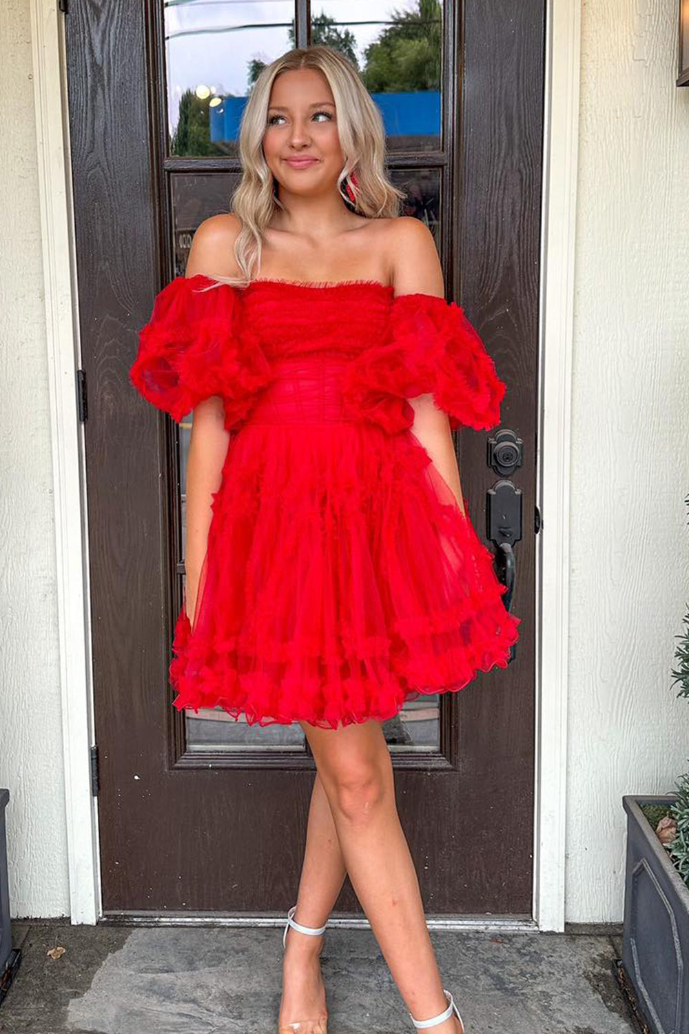 Misshow Fuchsia Corset Puff Sleeves A-Line Short Homecoming Dress/Mini Dress with Ruffles