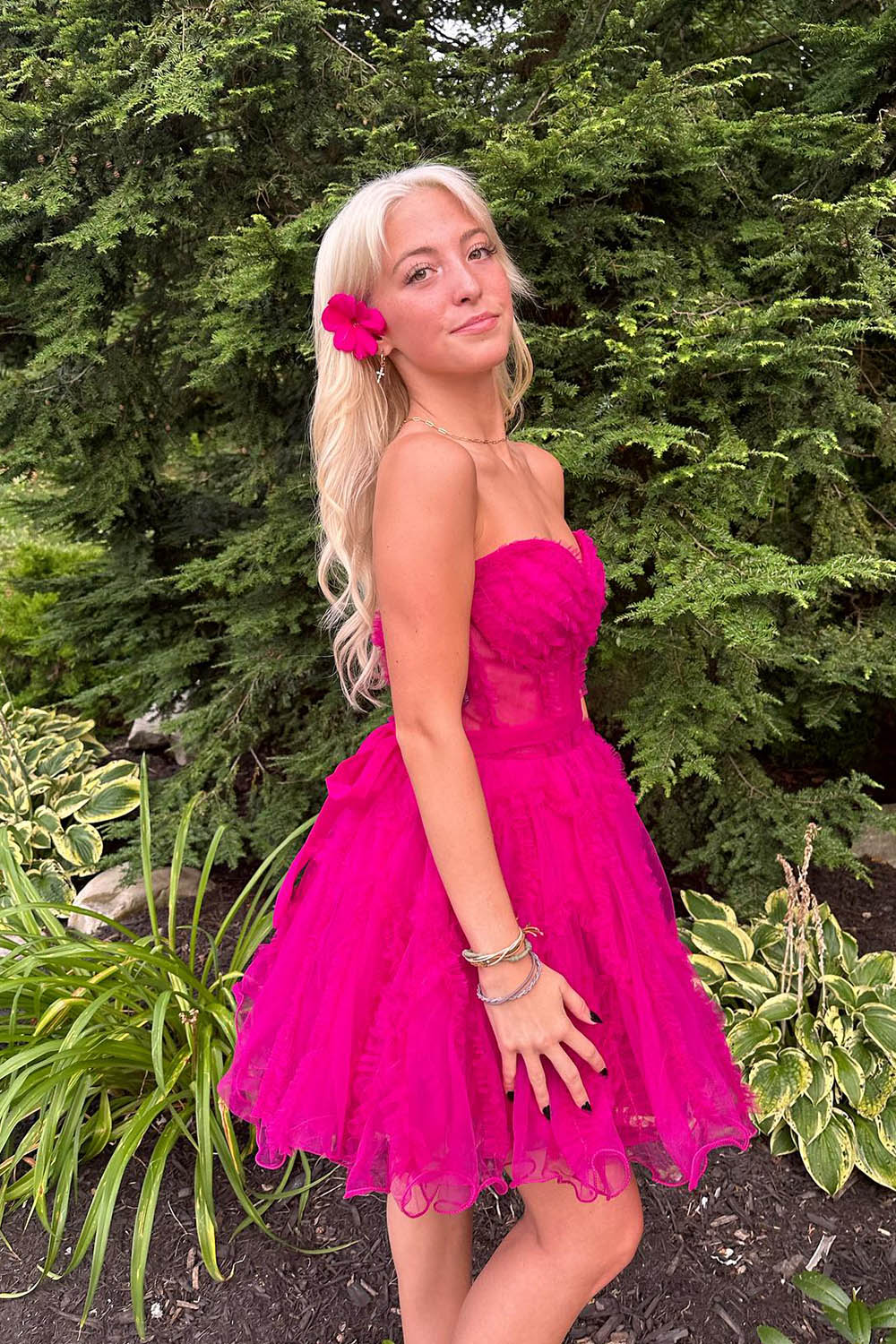 Misshow Fuchsia Corset Sweetheart A-Line Short Tulle Homecoming Dress/Mini Dress