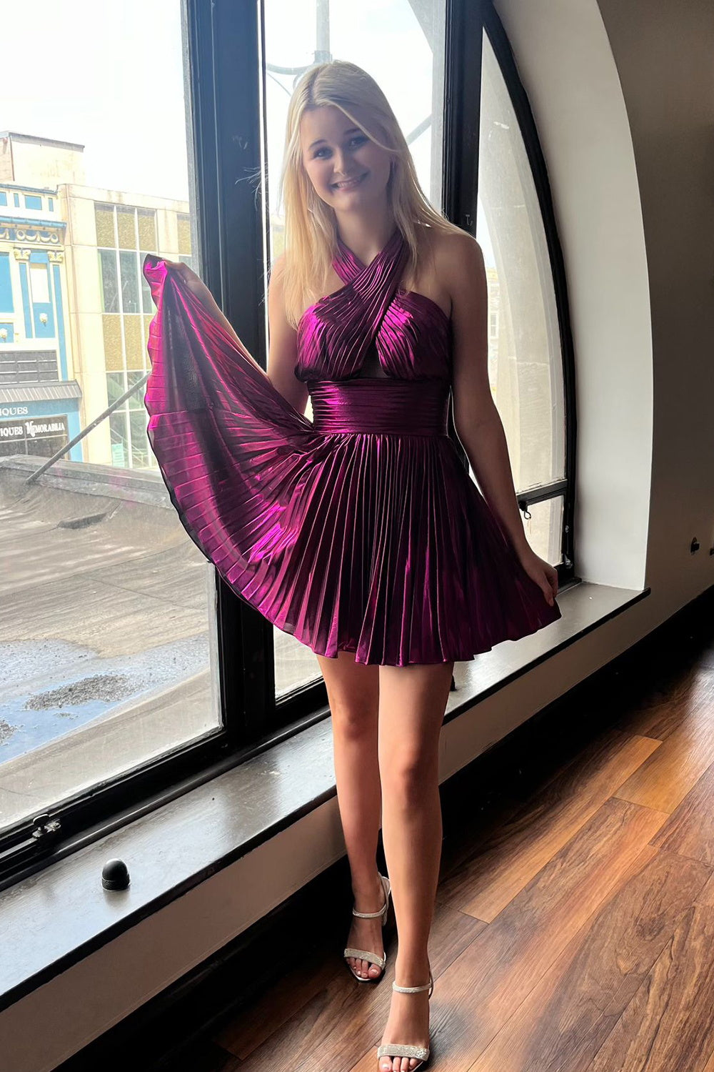Misshow Fuchsia Criss Cross Halter A Line Satin Short Homecoming Dress/Mini Dress