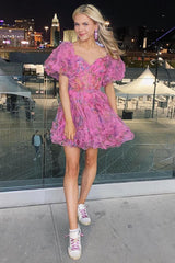 Misshow Fuchsia Floral A-Line Short Homecoming Dress/Mini Dress