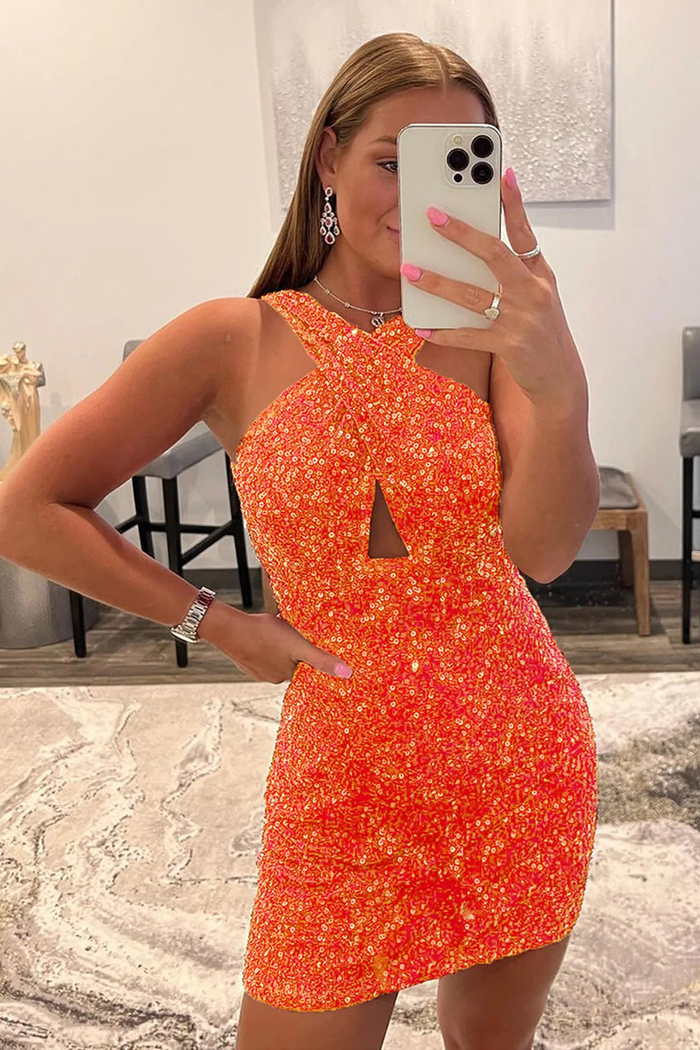 Misshow Fuchsia Halter Sleeveless Sequined Homecoming Dress/Mini Dress