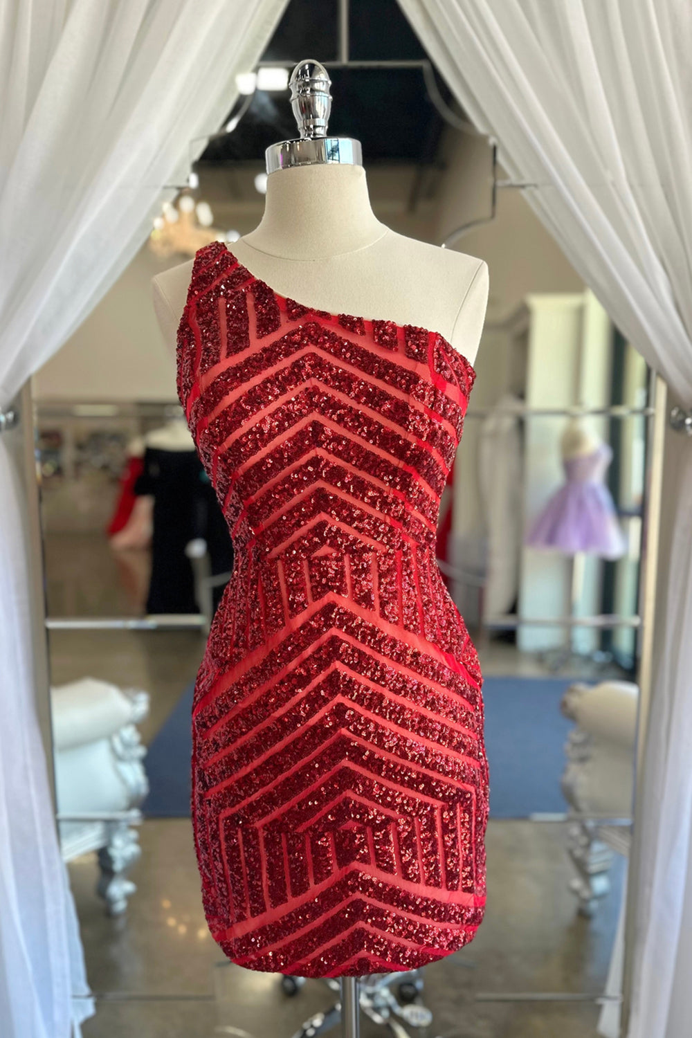 Misshow Fuchsia One Shoulder Sequins Tight Short Homecoming Dress/Mini Dress