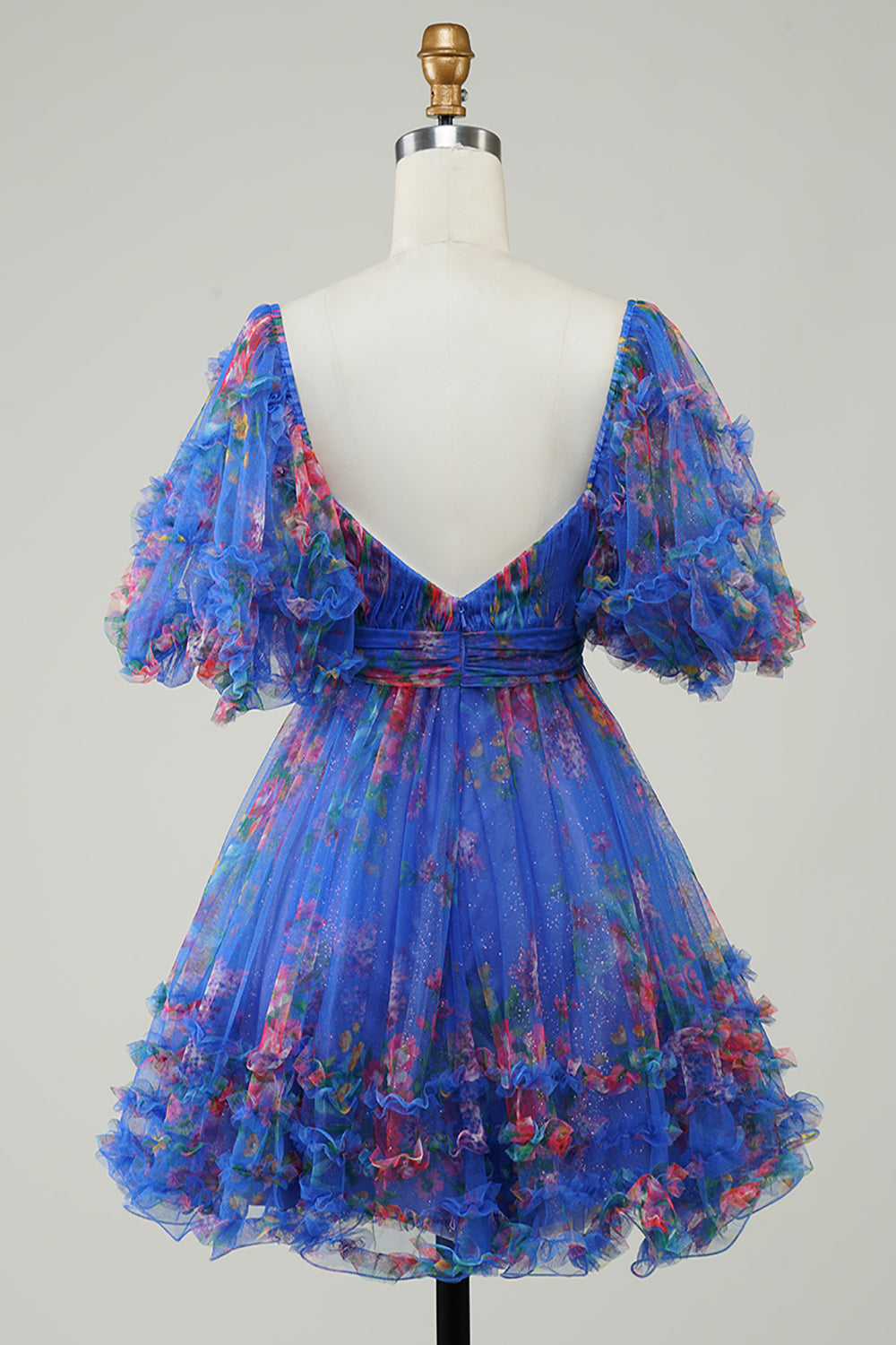 Misshow Fuchsia Puff Sleeves A-Line Floral Short Homecoming Dress/Mini Dress with Ruffles