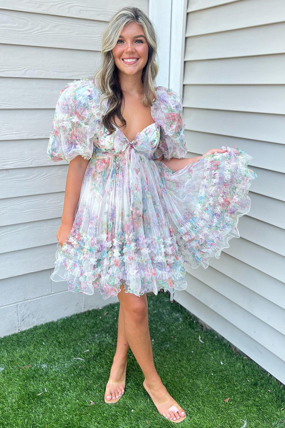 Misshow Fuchsia Puff Sleeves A-Line Floral Short Homecoming Dress/Mini Dress with Ruffles
