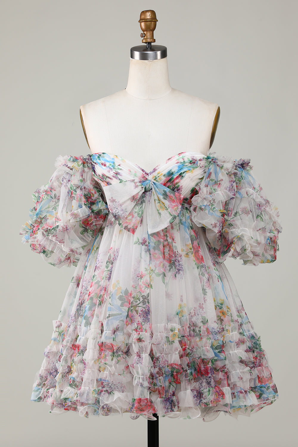 Misshow Fuchsia Puff Sleeves A-Line Floral Short Homecoming Dress/Mini Dress with Ruffles