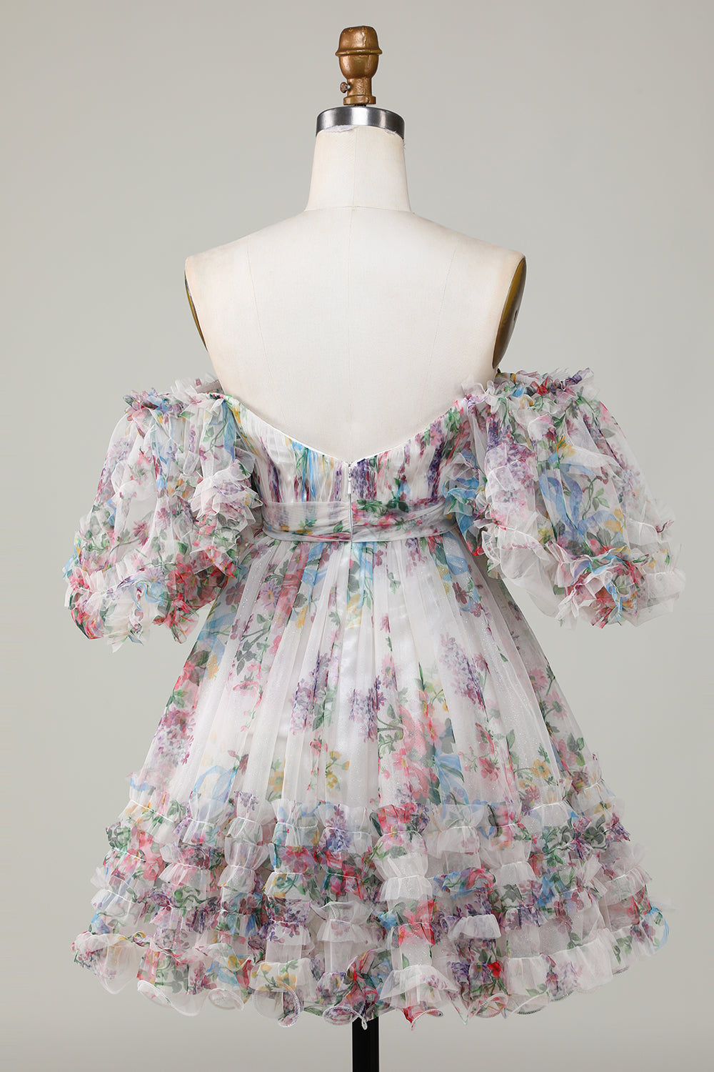 Misshow Fuchsia Puff Sleeves A-Line Floral Short Homecoming Dress/Mini Dress with Ruffles