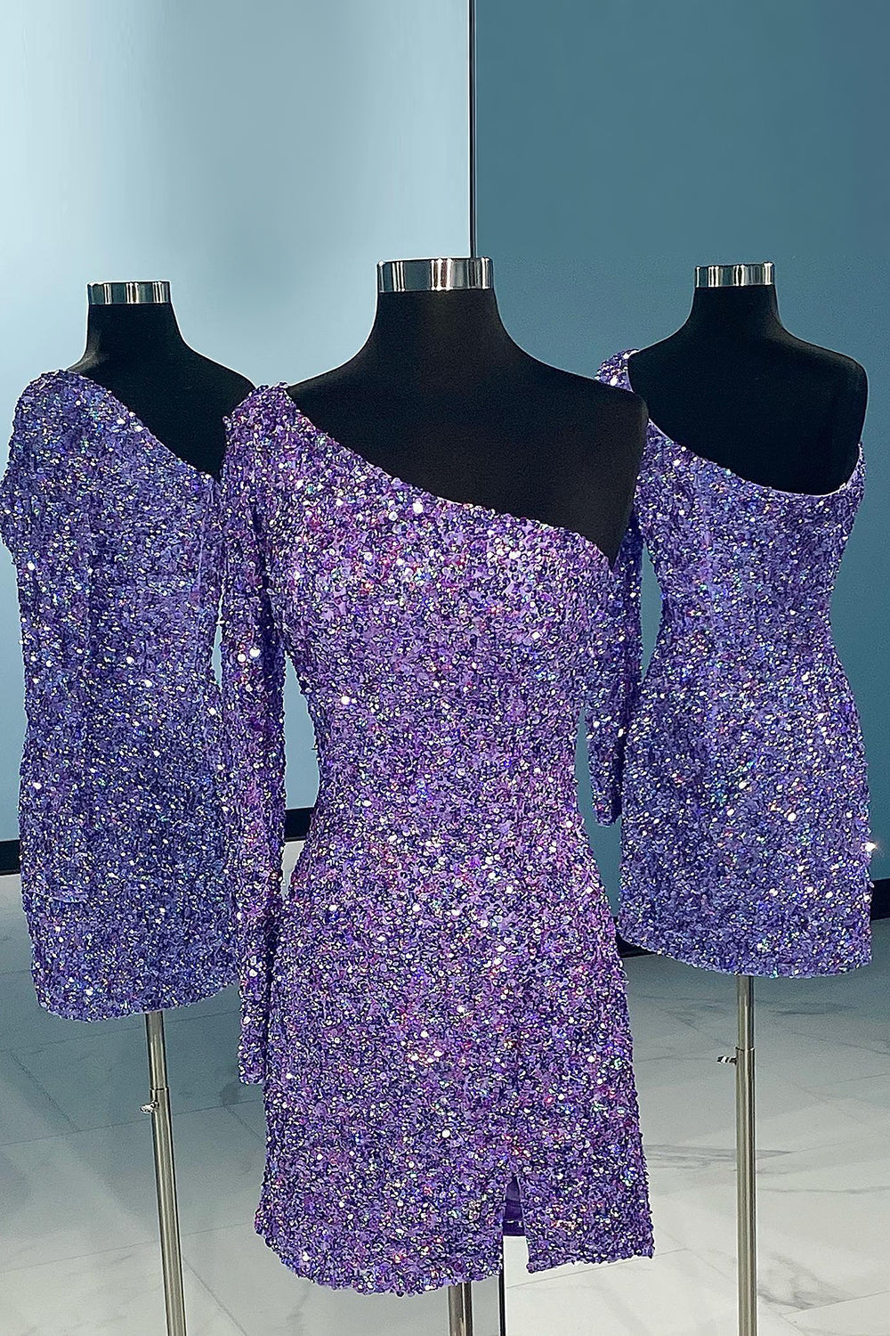 Misshow Fuchsia Sequins Homecoming Dress/Mini Dress with Sleeves