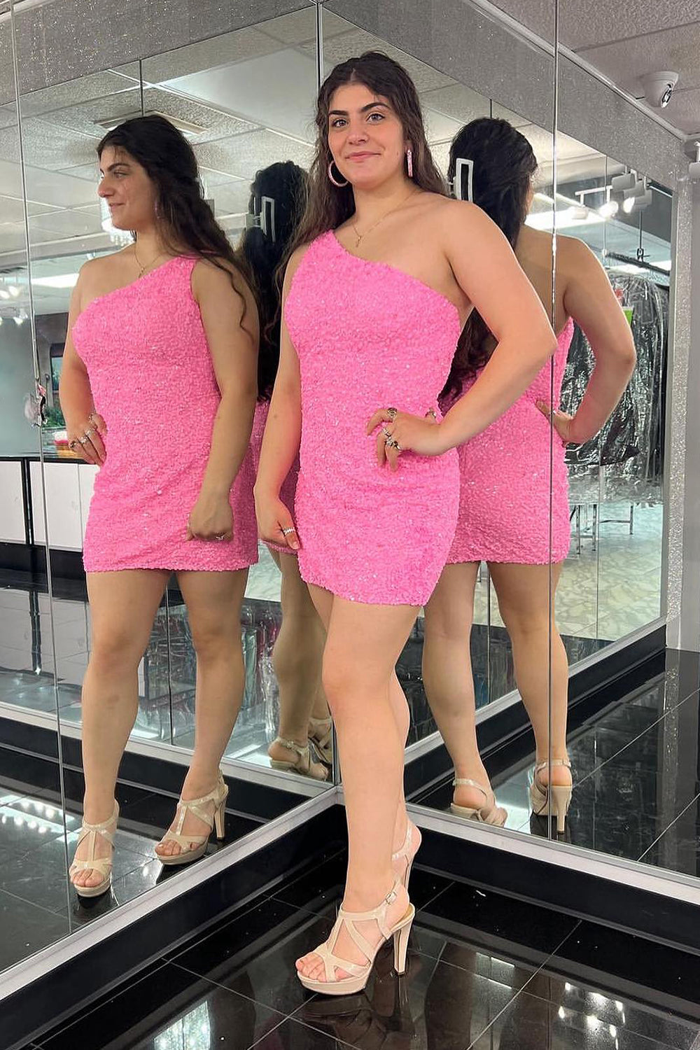 Misshow Fuchsia Sequins One Shoulder Homecoming Dress/Mini Dress