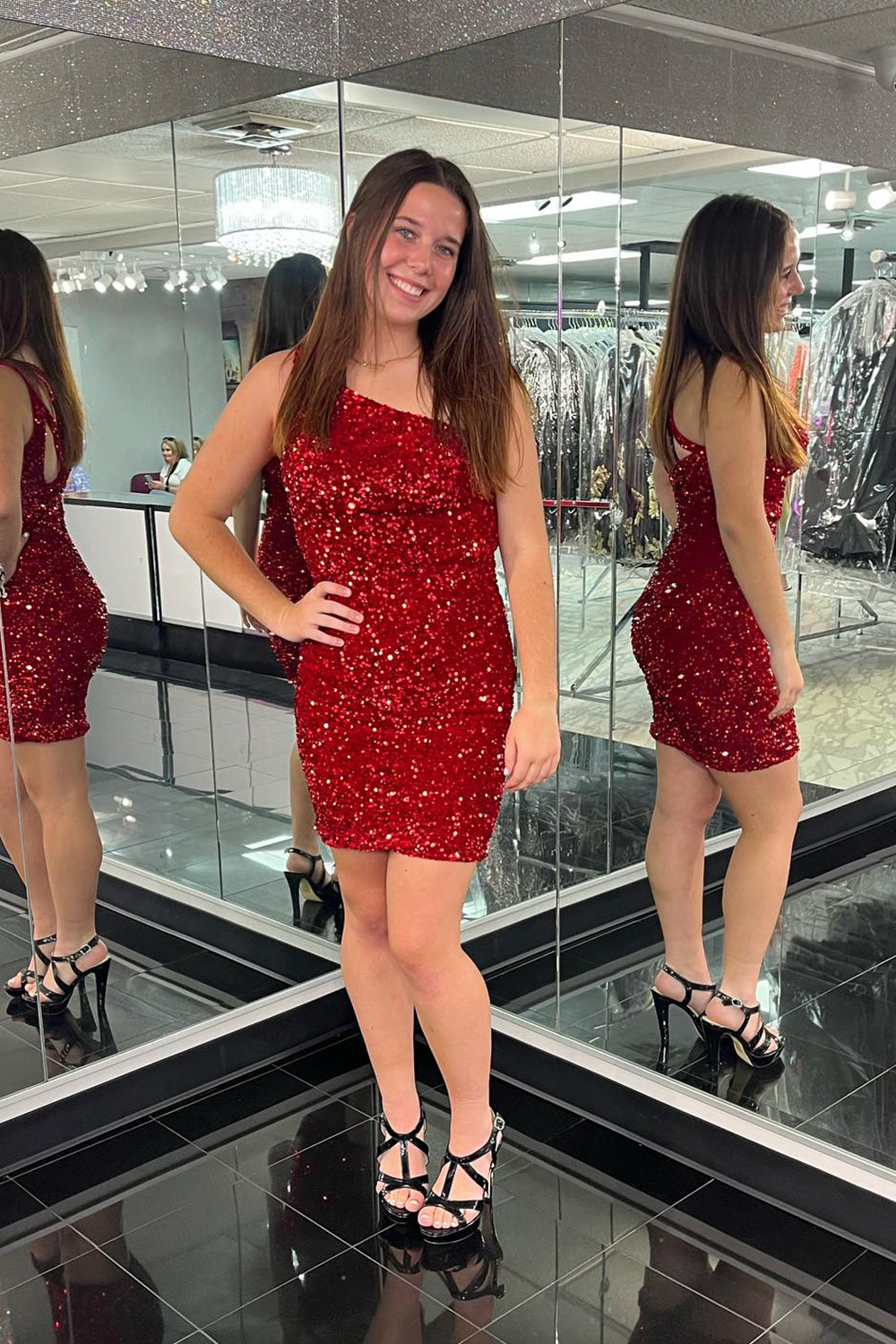 Misshow Fuchsia Sequins One Shoulder Homecoming Dress/Mini Dress