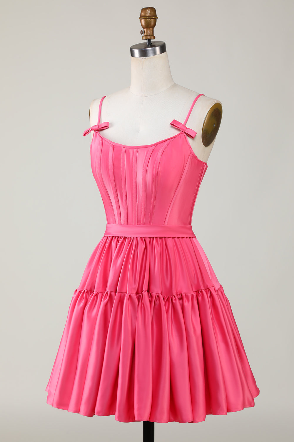 Misshow Fuchsia Spaghetti Straps Lace-Up Back A-Line Short Satin Homecoming Dress/Mini Dress