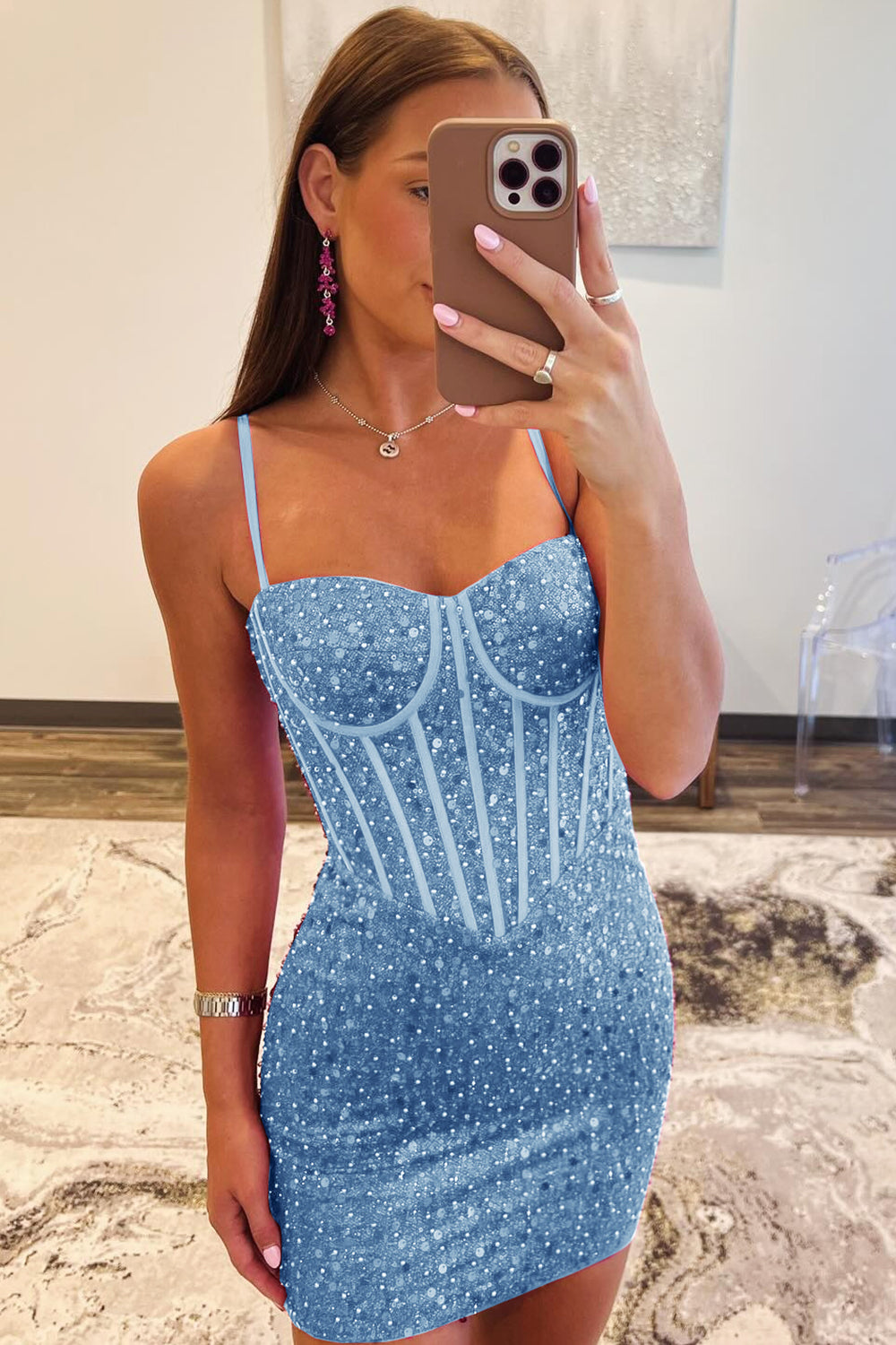 Misshow Fuchsia Sparkly Corset Tight Short Homecoming Dress/Mini Dress with Beadings