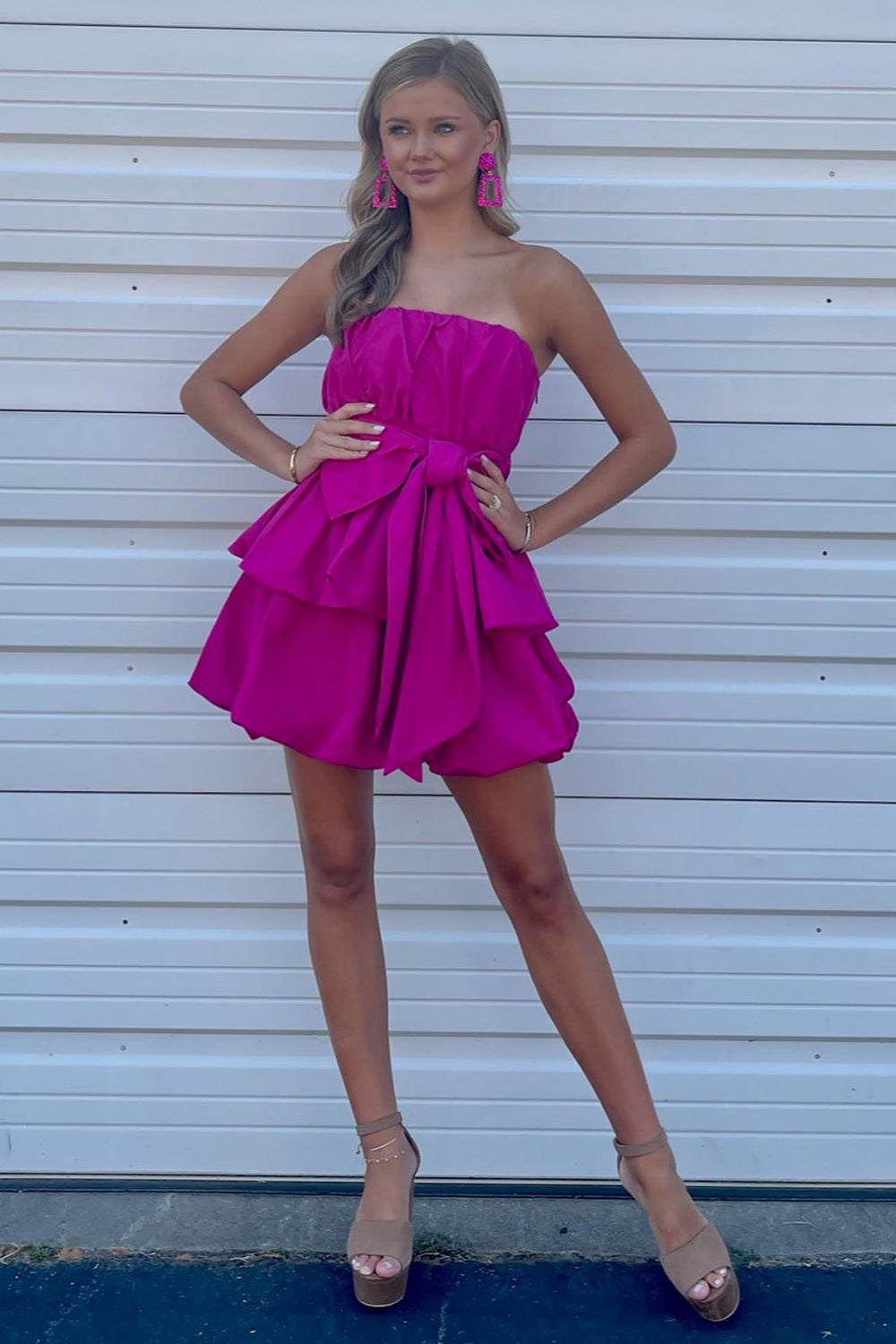 Misshow Fuchsia Tiered Sweetheart Short Homecoming Dress/Mini Dress With Bow