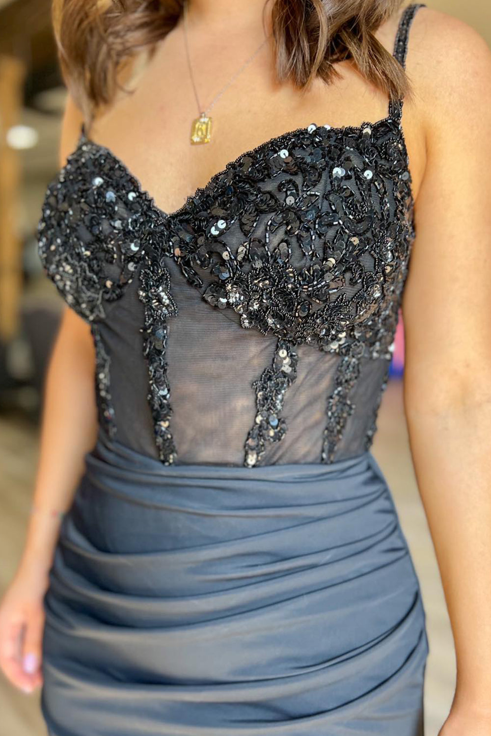 Misshow Glitter Black Corset Satin Asymmetrical Tight Short Homecoming Dress/Mini Dress with Sequins