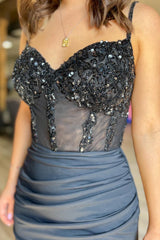 Misshow Glitter Black Corset Satin Asymmetrical Tight Short Homecoming Dress/Mini Dress with Sequins