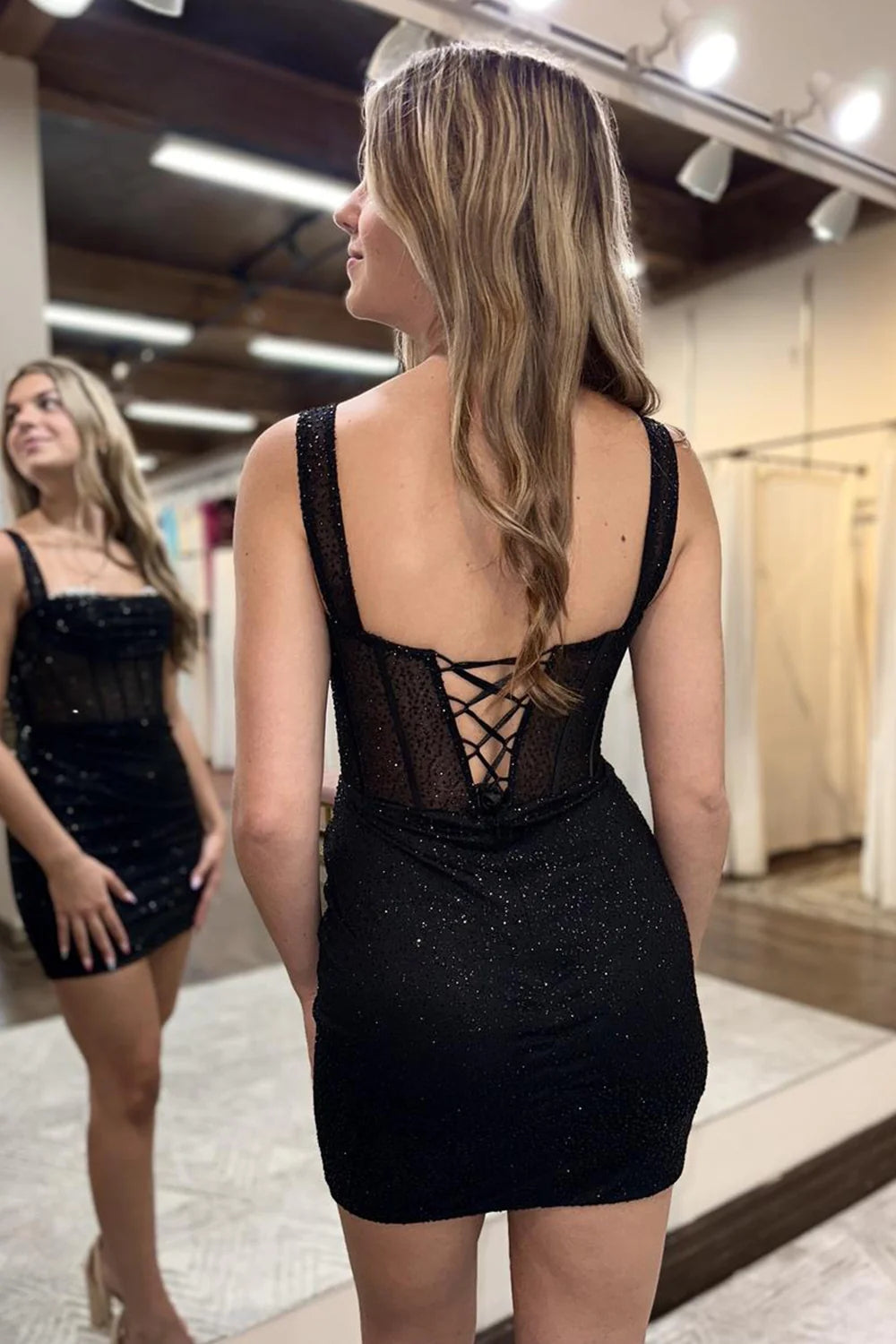 Misshow Glitter Black Corset Sequins Off the Shoulder Tight Short Homecoming Dress/Mini Dress