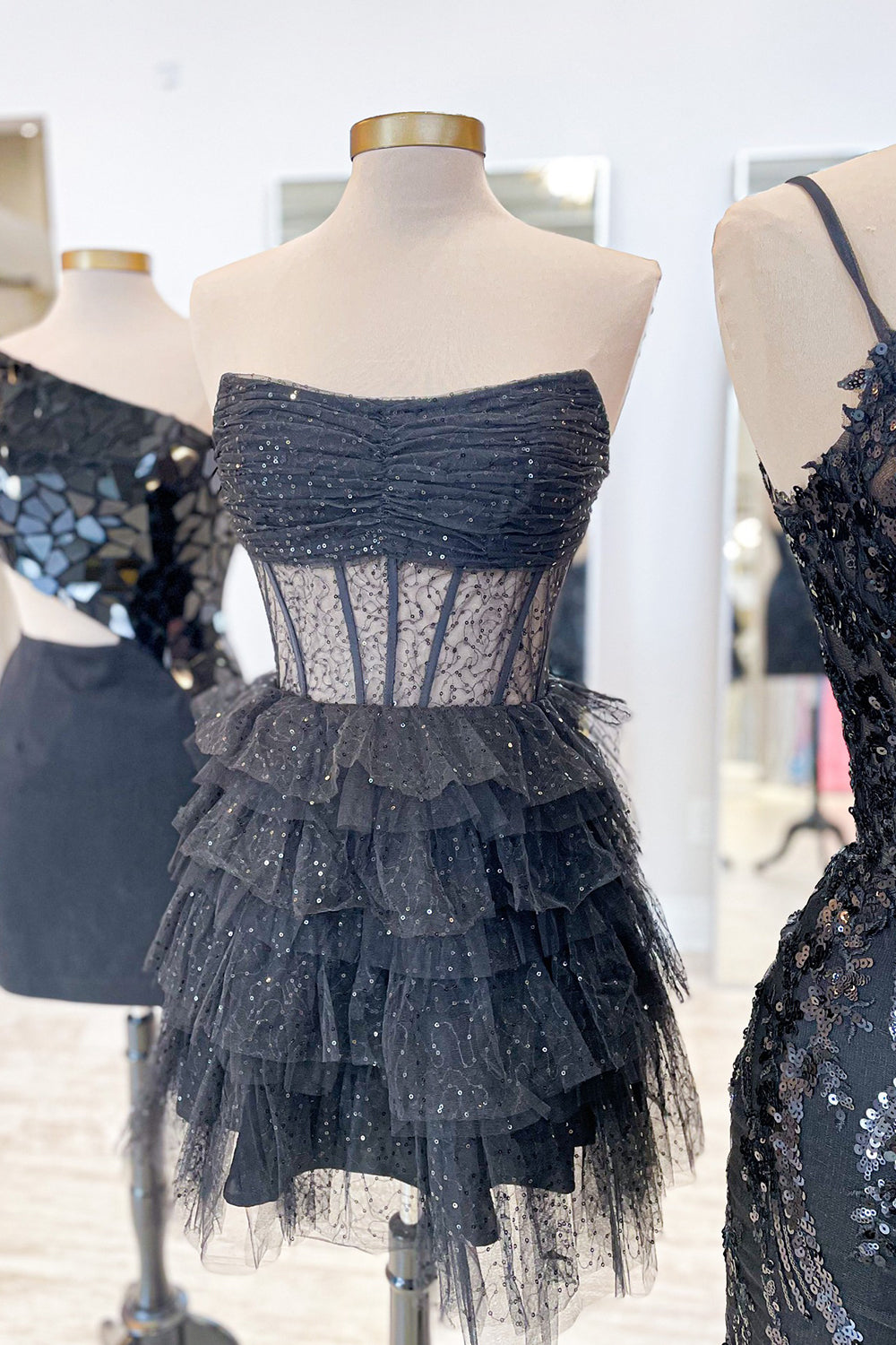Misshow Glitter Black Corset Tiered A-Line Tulle Short Homecoming Dress/Mini Dress