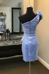 Misshow Glitter Blue Sequins One Shoulder Tiered Homecoming Dress/Mini Dress
