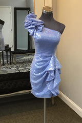 Misshow Glitter Blue Sequins One Shoulder Tiered Homecoming Dress/Mini Dress