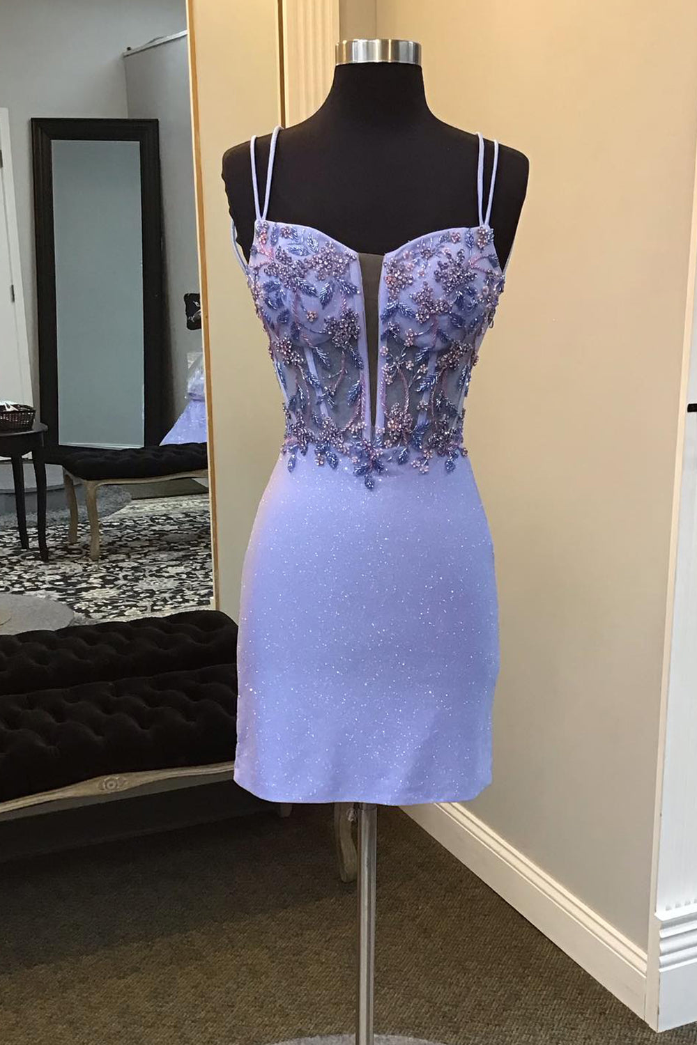 Misshow Glitter Blue Spaghetti Straps Corset Tight Short Beaded Homecoming Dress/Mini Dress