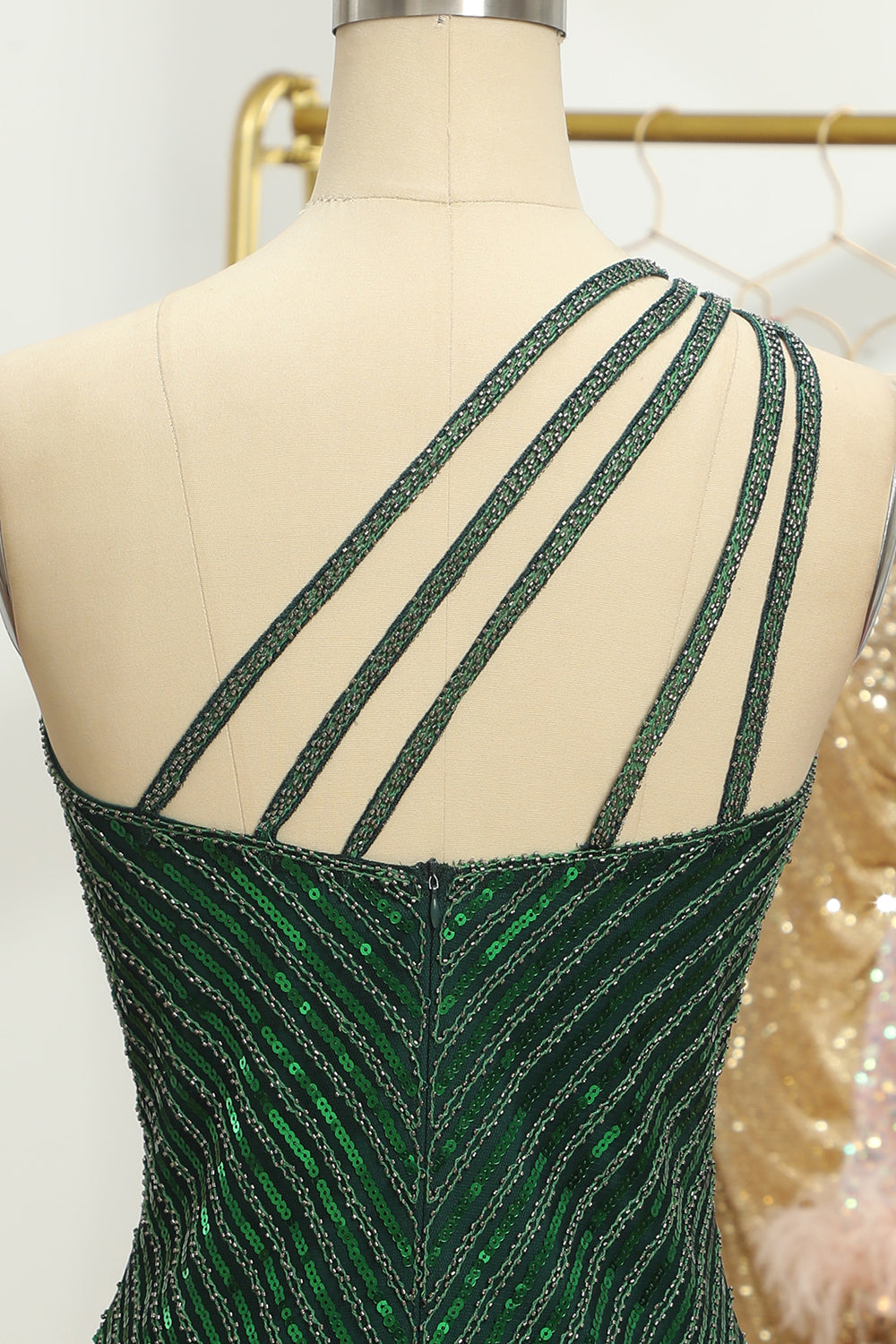 Misshow Glitter Dark Green One Shoulder Beaded Tight Homecoming Dress/Mini Dress