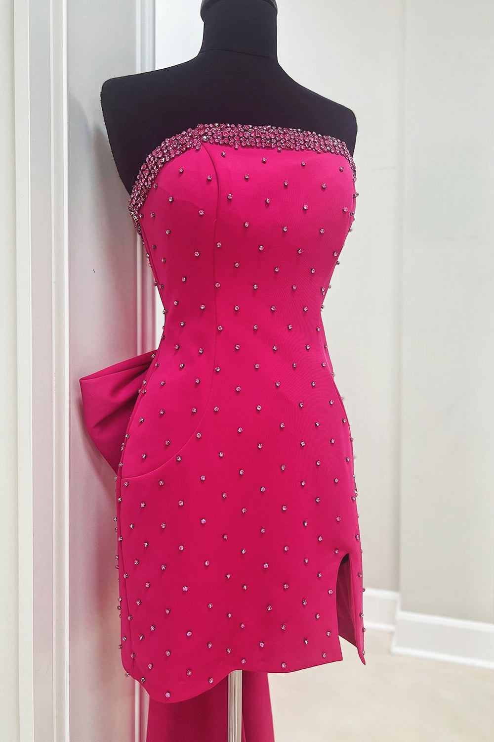 Misshow Glitter Fuchsia Beaded Strapless Bodycon Short Homecoming Dress/Mini Dress With Bow