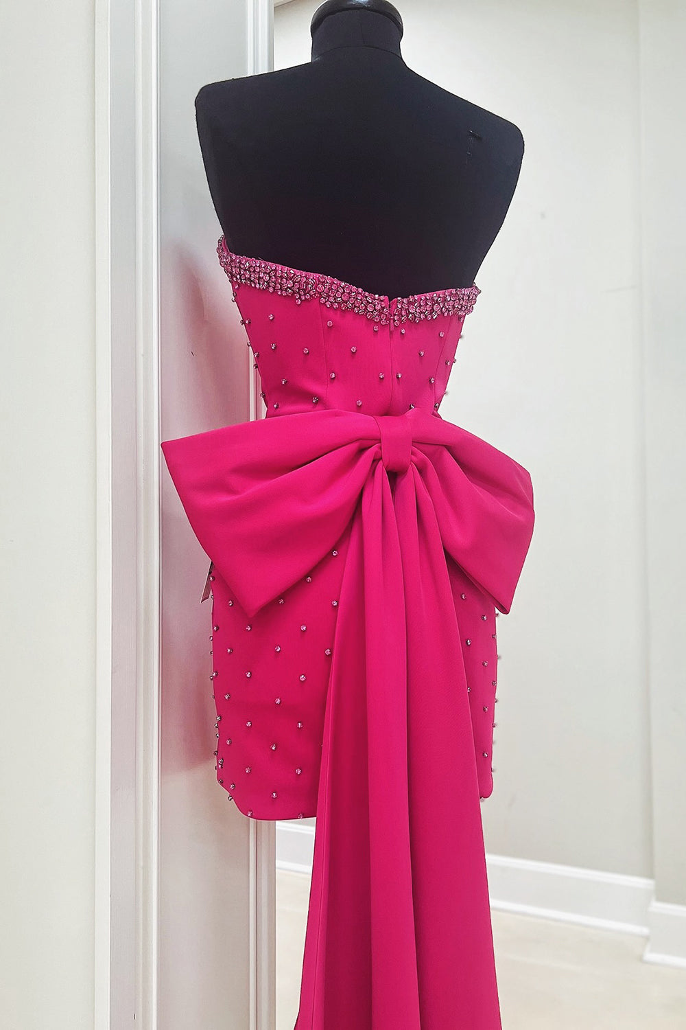 Misshow Glitter Fuchsia Beaded Strapless Bodycon Short Homecoming Dress/Mini Dress With Bow