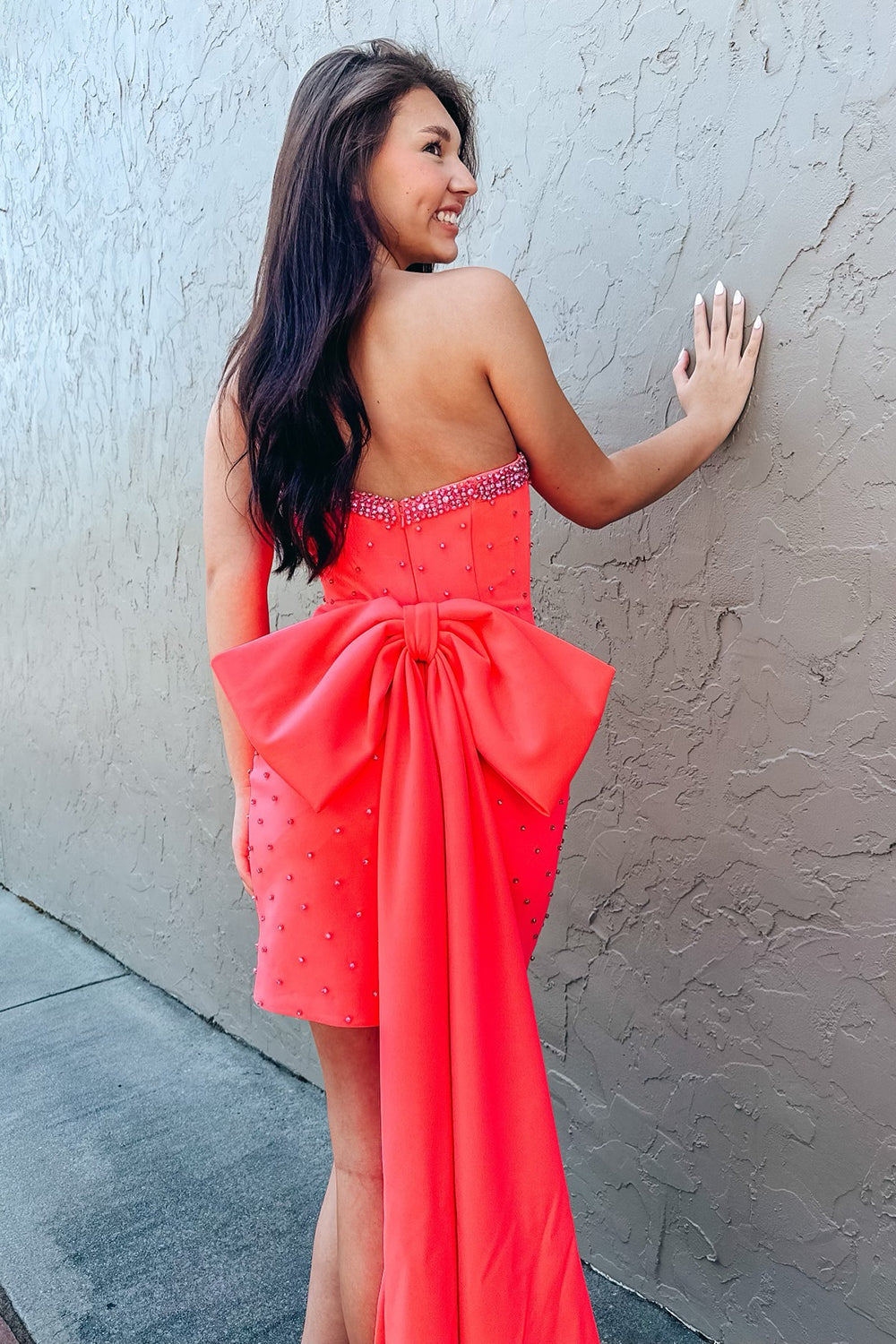 Misshow Glitter Fuchsia Beaded Strapless Bodycon Short Homecoming Dress/Mini Dress With Bow
