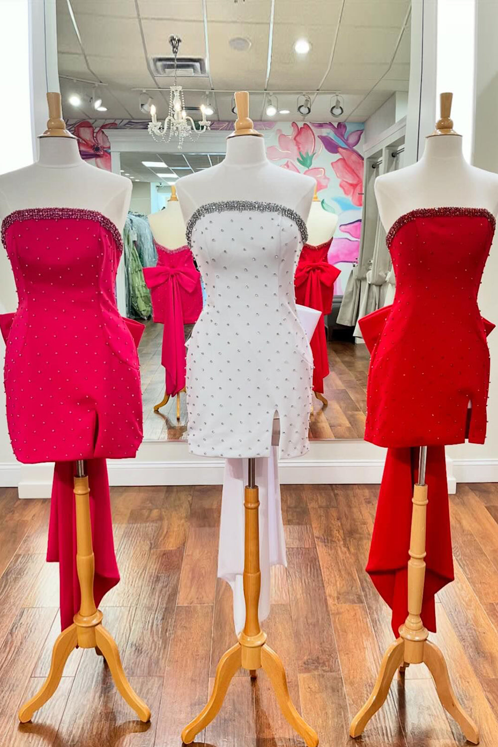 Misshow Glitter Fuchsia Beaded Strapless Bodycon Short Homecoming Dress/Mini Dress With Bow