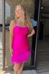 Misshow Glitter Fuchsia Feathered Tight Short Homecoming Dress/Mini Dress