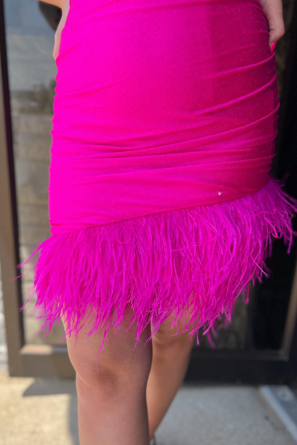 Misshow Glitter Fuchsia Feathered Tight Short Homecoming Dress/Mini Dress