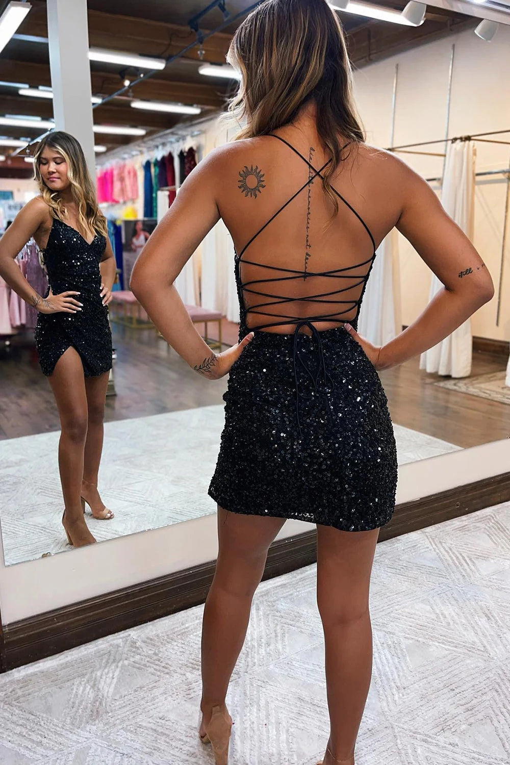 Misshow Glitter Fuchsia Spaghetti Straps Sequins Backless Tight Homecoming Dress/Mini Dress with Slit
