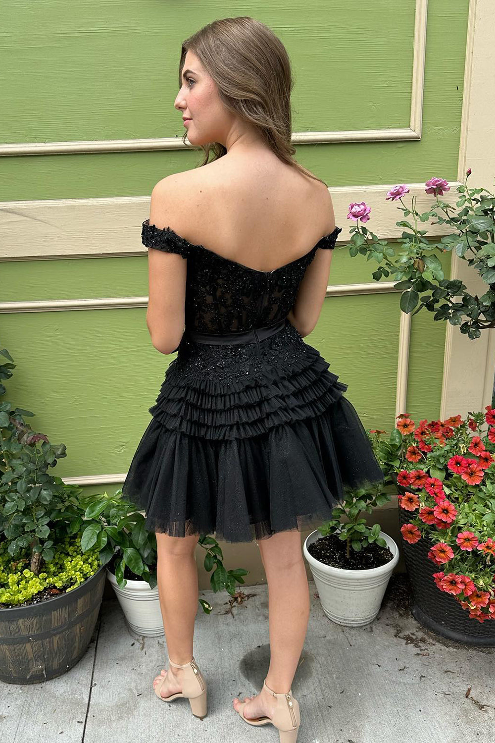 Misshow Glitter Fuchsia Tiered A-Line Tulle Corset Short Homecoming Dress/Mini Dress with Lace
